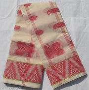 Raj Saree House Women's Bengali Pure Cotton Handloom Saree I Tant Saree I Bengali Saree  Daily  wear Tant   ( Off-White  with RED  // Without Blouse)