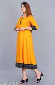 Stylist Women's Solid Printed Round Pleated Flared Kurti (Mustard)