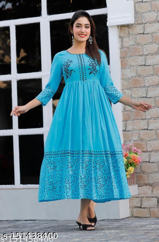 Women's Rayon Hand block Printed Long Flair Sky Blue Anarkali Kurti