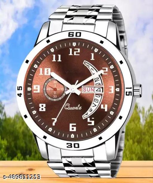Brown dial day and date function working analog sports watch for mens and boys(metal belt day and date watch for mens)