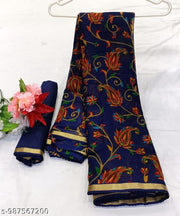 Daily Wear Dark Blue Georgette Lace Border Saree With Unstitched Blouse Piece