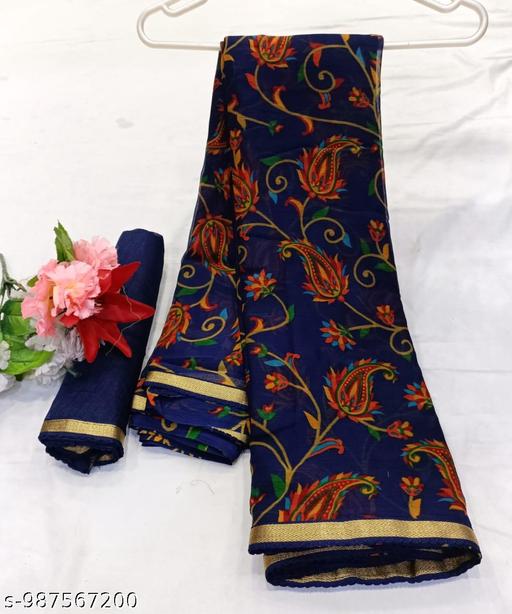 Daily Wear Dark Blue Georgette Lace Border Saree With Unstitched Blouse Piece