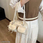 Shiny White Double Pocket Decor Shoulder Bucket Bag With Pearl Keychain For Women