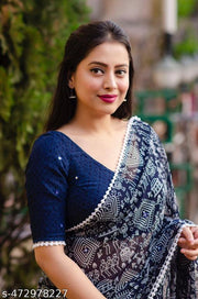 Gullak New Printed Georgette Saree with  Warli Print and Pom -Pom border