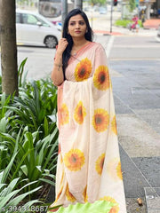 Cotton Linen White Flower Print Saree Designer Bollywood Partywear Wedding Traditional Latest Trends Sari