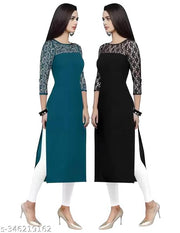 Pack of 1 Casual American Crepe And Net Round-Neck 3/4 Length Sleeves Rama & Black Kurti (45"Inches)