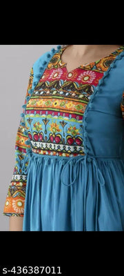 women printed pom pom anarkali kurti