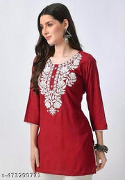 Women's Cotton Top Tunic Hand Embroidered Lucknowi Chikankari Short Kurti