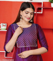 Neha Wine New Stylish ArtSilk Round Neack with Emrodery work  Kurti for Women