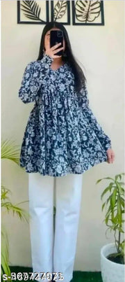 Womens Rayon Printed  New Stylish Indigo  V-Neck  Top  Bule