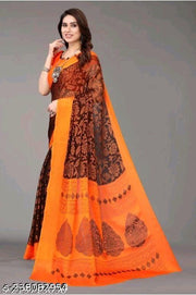 Chiffon Brasso Floral Brown and Orange Color Saree with Contast Color Unstitched Blouse piece