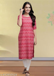 Casual American Crepe Round-Neck 3/4 Length Sleeves Geometric Printed Straight Pink  Kurti (45"Inches)