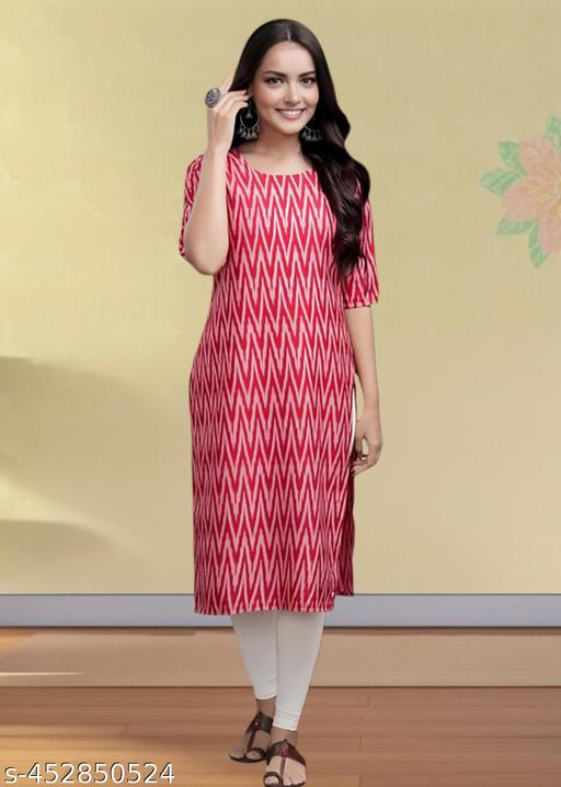 Casual American Crepe Round-Neck 3/4 Length Sleeves Geometric Printed Straight Pink  Kurti (45"Inches)