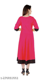 HF HOLYDAY FASHION Cotton Plain and Solid Printed Black Border Anarkali Style Kurti Kurta For Women Latest Design Ladies Dresses Top Round Neck Flared Stylish Party Wear Readymade Frock Fancy Girls Dress   3/4 Sleeve Knee Length Casual Kurtis