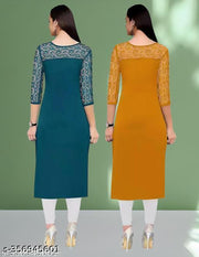 Polyster/Crepe fabric-Pack of 1 Casual And Round-Neck 3/4 Length Sleeves Rama & Yellow Kurti (42"Inches)