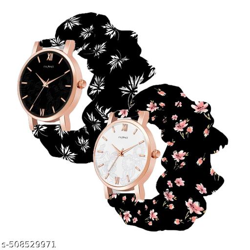 Scrunchie Bands Watch for Women & Girls Scrunchies Watch Classic Flower Dial & Unique Scrunchies Watches Strap Cloth Soft Pattern Solid Fabric Wristband Watch Combo Pack of 2