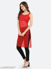Shimaom Women Solid Georgette Sleeveless Straight Kurti