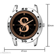 Natrix Analog Round Black Dial ALPHABET S Design Stylish Black Leather Strap Classic Design Fancy Wrist Watch for Men and Boys, Pack of 1 - ALPHA-S-AVO-SIL-BLK-L