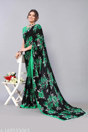 Women's Green Floral Printed Georgette Saree with unstitched blouse piece