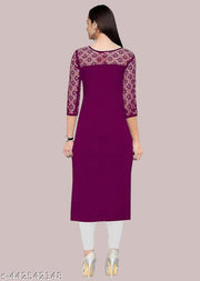 Casual American Crepe And Net Round-Neck 3/4 Length Sleeve Purple Kurti (45"Inches)