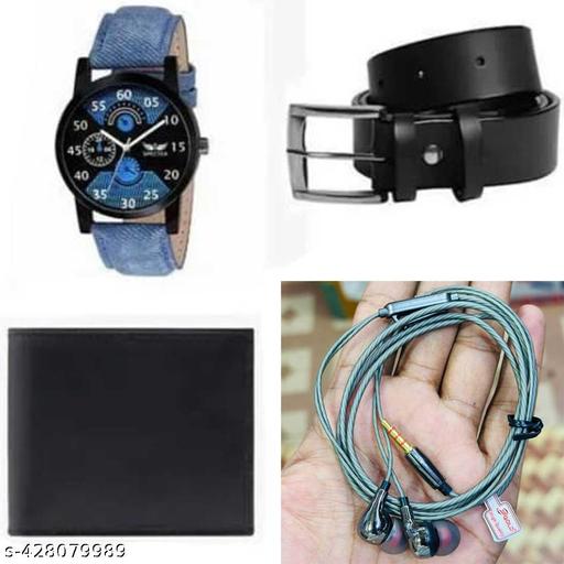pack of 4 combo unisex accessories for men and boys  girls analog watch with belt wallet headphones
