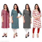 Women Printed Crepe Straight Kurti Combo of 4