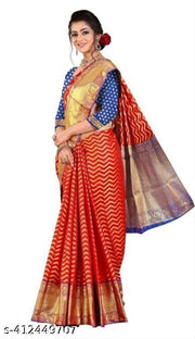 Attractive & Beautiful Soft Kanjivaram silk fabric banarasi style self designed zigzag saree with zari woven border & unstitched blouse