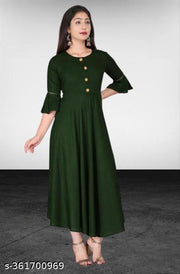 Stylish Anarkali Kurti with Gown Flare Latest Design Trendy Three Quarter Sleeve (GREEN)