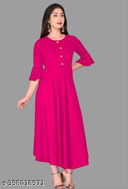 Stylis Fit and Flared New Fashionable Women Casual Solid Round Neck Anarkali Rayon Kurta (Pink)