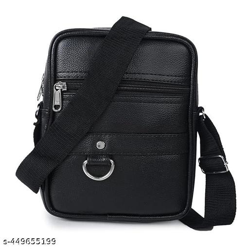 Zipper Fashion Link Leather Men's Sling Bag, Black