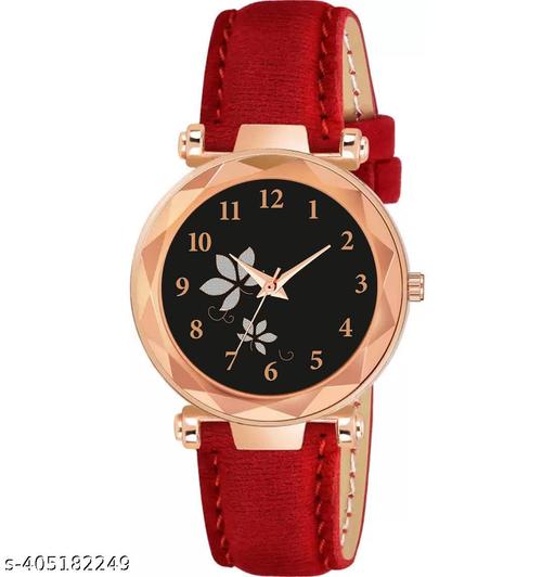 JACKSHOWSHOPE Analogue Double Flower Black Dial and Black Leather Strap Stylish Wrist Watch for Girl and Women