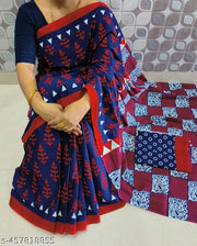 JAIPURI, BAGRU HAND BLOCK PRINT PURE SOFT COTTON MULMUL SAREE WITH BLOUSE PIECE