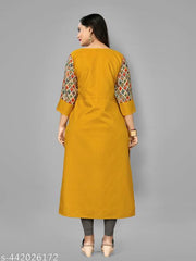 Women's Yellow Printed Plus Size Cotton Kurti