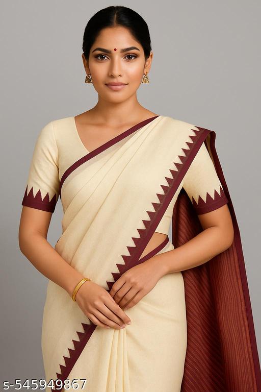 Top trending latest simple plain party wear/wedding Premium Plain Beige Cotton Silk Saree with Contrast Maroon Border & Jacquard Weaving