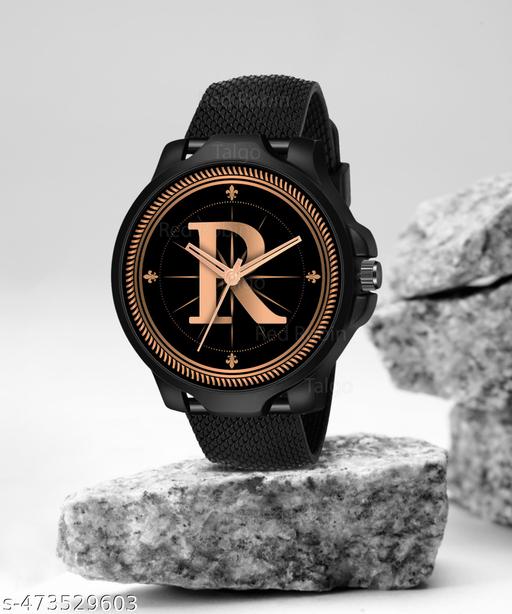 Prathshya Analog Round Black Dial ALPHABET R Design Stylish Black PUn Strap Classic Design Fancy Wrist Watch for Men and Boys, Pack of 1 - ALPHA-R-3K-BLK-SFR