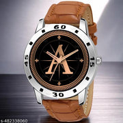 Natrix Analog Round Black Dial ALPHABET A Design Stylish Beige Leather Strap Classic Design Fancy Wrist Watch for Men and Boys, Pack of 1 - ALPHA-A-AVO-SIL-TAN-CRL
