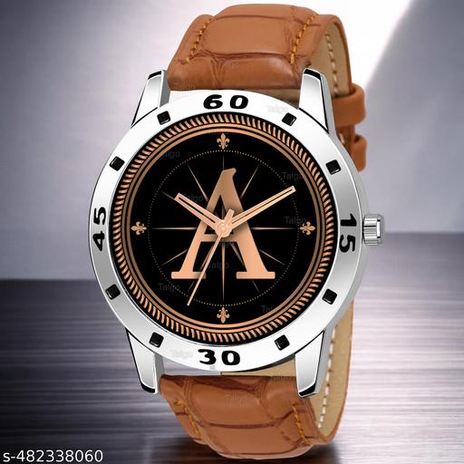 Natrix Analog Round Black Dial ALPHABET A Design Stylish Beige Leather Strap Classic Design Fancy Wrist Watch for Men and Boys, Pack of 1 - ALPHA-A-AVO-SIL-TAN-CRL