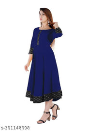 HF HOLYDAY FASHION Cotton Plain and Solid Printed Black Border Anarkali Style Kurti Kurta For Women Latest Design Ladies Dresses Top Round Neck Flared Stylish Party Wear Readymade Frock Fancy Girls Dress 3/4 Sleeve Knee Length Casual Kurtis