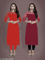 Casual American Crepe And Rasal Net Round Neck 3/4 Sleeves Stylish Pack Of 2 Kurtis For Womans (45"Inches)