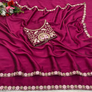 Women's Wine Heavy Embroidered Silk Saree with Cutwork Border & Figure Designer Blouse Piece