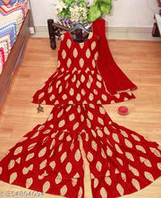 New Gorgeous Sharara RED Rayon Fabric Kurti With Net Dupatta For Occasional/Daily Wear