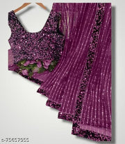 Luxury Party Wear Net Saree with Vertical Sequins Detailing, Rich Sparkle Border and Premium Fashion Finish