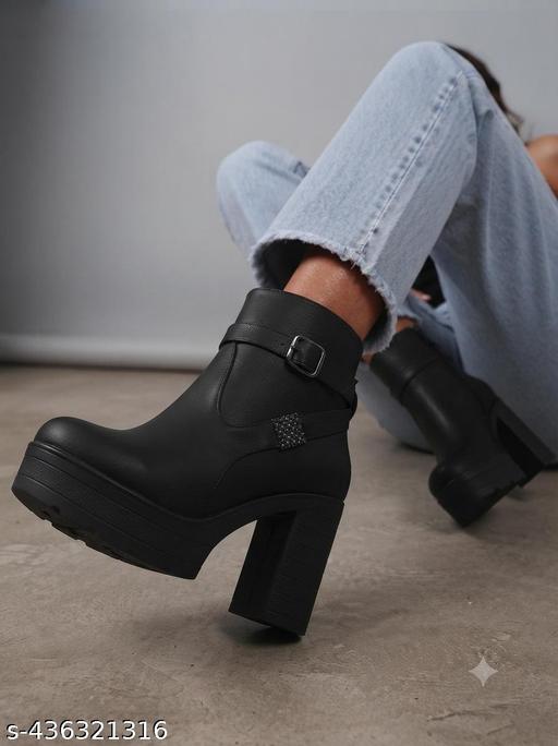 STRASSE PARIS | Trendy Women Black Chunky Block Heel Platform Ankle Boots | Metallic Buckle Detail Side Zipper High Heel Winter Boots / Party & Casual Wear Footwear