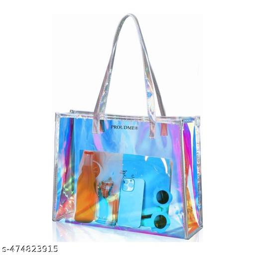 PROUDME Holographic Travel Tote Bag, Waterproof, Zipper Closure, Women's Shopping Handbag Organiser, Shoulder Bag, Women's Tote Bag, Color Changing Bag Purse For Girls (Silver)