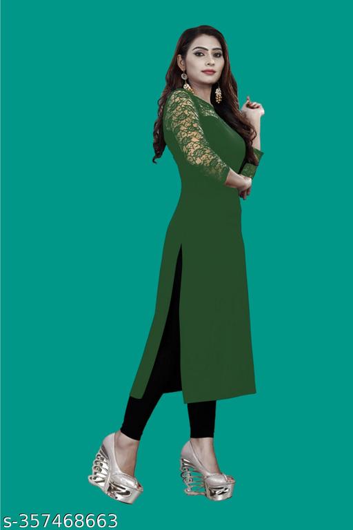 Casual American Crepe And Net Round-Neck 3/4 Length Sleeves Dark Green Kurti (42"Inches)