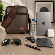IdealBags (1) Three Pocket Premium PU Leather Small Side Bag for Men | Crossbody Messenger Bag