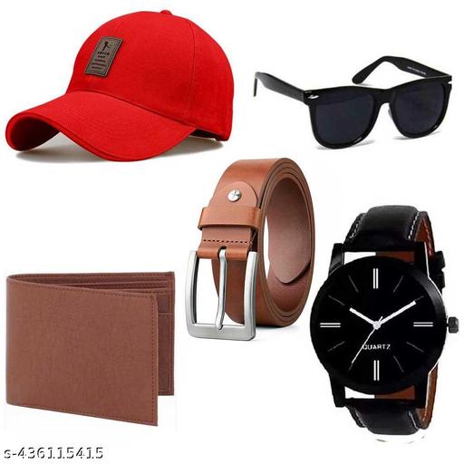 Pack of 5 Stylish Dial Watch, Stylish Sport Baseball Cap & Stylish  Wayfarer Sunglass  Wellet Belt for Men's and Boy's (Pack of 5) (pack of 5..)summer accesories |fashionable combo|branded combo|voguish cap|latest cap|designer cap|