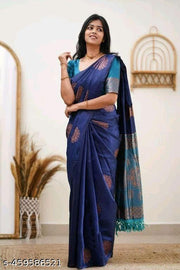 Trendy Banarasi Jacquard Woven Litchi Silk Saree for Woman with Unstitched Running Blouse