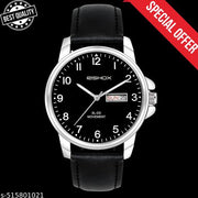 Black Leather Strap Analog Watch for Men: New Black Dial with Day and Date Function, Quartz Movement, Classic and Attractive Design, Professional and Top-Trendy Stylish Analogue Watches for Men and Boys, Perfect for Office and School Use