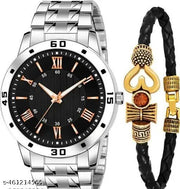 Metal Strap Watch With Mahadev Bracelet Combo For Men And Boys (Pack of 2)